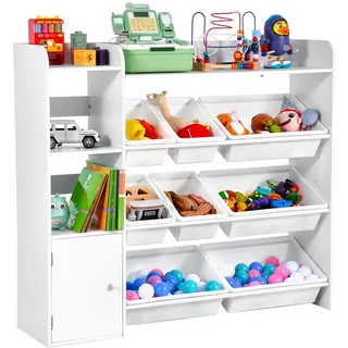VEVOR Spielzeugaufbewahrung Bücherregal Spielzeugregal, 4-stöckige multifunktionale Ablage mit 8 flexiblen Kunststoffbehältern, Schrank für Schlafzimmer Klassenzimmer Kinderzimmer weiß