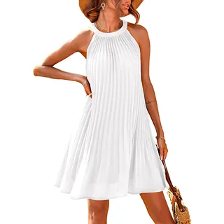 PRETTYGARDEN Süßes Neckholder-Kleid für Damen, ärmellos, einfarbig, fließend, plissiert, Partykleid, Weiß, Klein