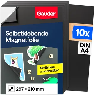 GAUDER Magnetfolie selbstklebend stark - Magnetische Folie zuschneidbar für Fotos, Bastelprojekte & Stanzschablonen - Magnetplatte selbstklebend - Magnetmatte für Haushalt & Schule (10 Stück - DIN A4)