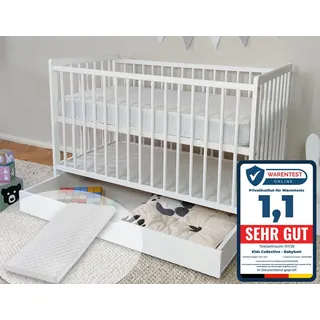 Kids Collective Babybett Kinderbett 60x120 Gitterbett Baby Bett Komplett-Set mit Matratze Beistellbett mitwachsend, Lattenrost höhenverstellbar mit abnehmbaren Sprossen, mit Schublade | weiß Kiefer-Vollholz