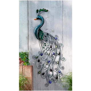 Wandhänger Pfau im romantischen Antik-Look mit originellen Farbsteinen aus glänzend lackiertem Metall, aufwändig verarbeitet, mit Hängevorrichtung