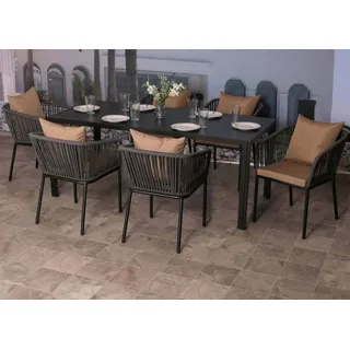 Gartengarnitur HWC-N41, Tisch+6xStuhl, wetterfest Alu 180x80cm, Seilgeflecht Rope anthrazit Kissen taupe - Grau