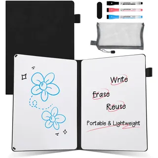 AGM A5 Mini Whiteboard, Kleines Whiteboard, tragbare Schreibtafel mit 3 Farbstiften, Radiergummi und Netzbeutel für Büro, Arbeitszimmer, Klassenzimmer und Zuhause – Schwarz