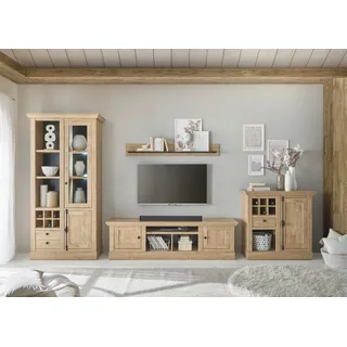 Home Affaire Wohnwand »Cornwall, Anbauwand im Landhausstil, Wohnzimmer-Set, Eiche Dekor«, (Set, 4 St.), enthält Vitrine, Lowboard, Kommode, Wandboard, 424 cm breit, braun