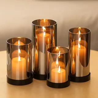 Hewory Windlicht Glas Schwarz Deko: 4er Set Groß Windlichter Tischdeko Wohnzimmer Modern Metall Kerzengläser für Garten Outdoor Kerzenhalter Glaszylinder für Kerzen