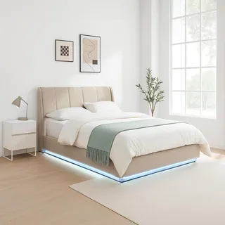 LED Polsterbett 'Tröstiar' mit Bettkasten Leinen 140 x 200 cm Beige - Beige