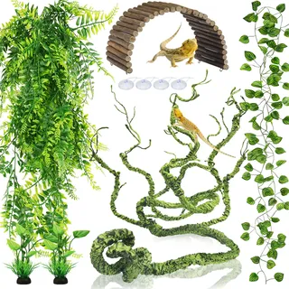 QUOZUO Reptilien Künstliche Pflanzen Biegbare Holzbrücken Terrarium Kletterreben Blätter, Hängepflanze Terrarium Zubehör, Chamäleon Terrarium Deko für Eidechsen, Schlangen
