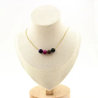 Halskette 4 Perlen Tigerauge Mischen Farben 8 Mm. Kette Stahl Golden Halskette