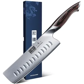 HOSHANHO Küchenmesser Nakiri Japanisches Kochmesser 18 cm Edelstahl Scharfe Messer mit hohem Kohlenstoffgehalt Hackmesser, Mehrzweck Fleisch Gemüsemesser mit Pakkaholzgriff