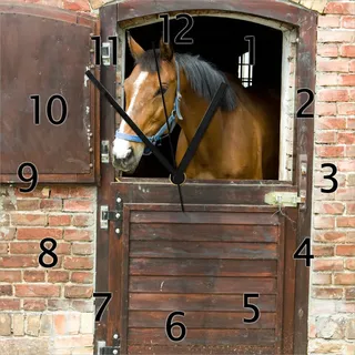 Wallario Design Wanduhr Pferd im Stall aus Echtglas, Größe 30 x 30 cm - Braun
