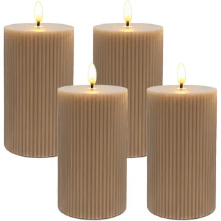 Relaxdays LED Kerzen, 4er Set, 13 x 7,5 cm, flackernde Flamme, Echtwachs, Rillen, flammenlose Blockkerzen, Mocha-Mousse