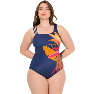 Ulla Popken Damen große Größen Übergrößen Plus Size Badeanzug, Blätter, Softcups, Dreier-Träger, recycelt
