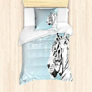ABAKUHAUS Tiger Bettbezug Set, Weißes Bengal Beast Lies gegen Snowy-Hintergrund-schöne Augen-majestätische Natur, 135 x 200 cm + 80 x 80 cm, Turquoise Schwarz
