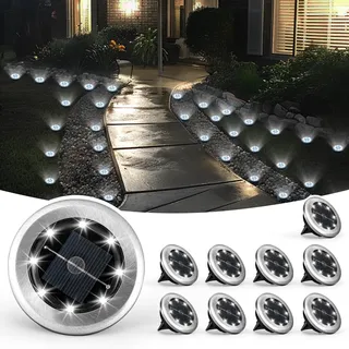 Solpex Klein Solar Bodenleuchten, Solarleuchte für Garten 8 LEDs 10 Stück, Weiß Gartenleuchten Edelstahl Wasserdicht für außen, Garten, Terrasse, Rasen, Hof, Gehweg