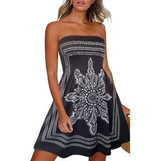 CHICGAL Damen Strandkleider Sommer Cover Up Boho Trägerlos Blumendruck Sommerkleid - - Klein