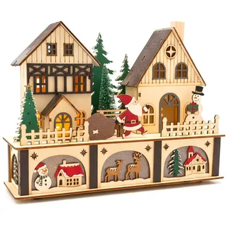 Wintem Beleuchtetes Weihnachtshaus mit LED und Figuren aus Holz, Weihnachtsdekoration mit Weihnachtsmann und Schneemann, ideal für die Dekoration Ihres Hauses mit Warmer und magischer Atmosphäre