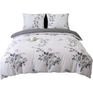 Satin Bettwäsche 160x200cm Blumen Graphit Schwarz und Weiß - Grau