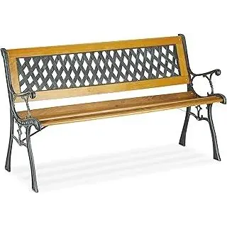 Gartenbank, 2 Sitzer, Holz & Gusseisen, Balkon & Terrasse, rustikale Sitzbank, HxBxT: 73x125x52 cm, Natur/grün