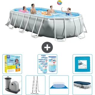 Intex Oval Prism Frame Swimmingpool – 503 x 274 x 122 cm – Grau – inklusive Pumpe – Leiter – Bodenplane – Abdeckung Wartungspaket - Filter - Bodenfliesen