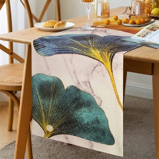 Tischläufer Dekoration Wohnzimmer Tischläufer Bunt Tischläufer Ginkgo Biloba Blätter Marmorierung Leinen Tischwäsche Esszimmer Tischläufer Table Runner für Urlaub Party Hochzeit Esstisch Dekor 33x183