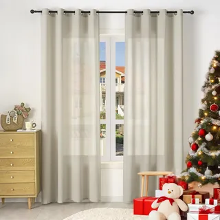 WOLTU 2er Set Gardinenn mit Ösen, Vorhang für Wohnzimmer Schlafzimmer, Leinenoptik, Halbtransparent, modern, 135 x 245 cm, Sand