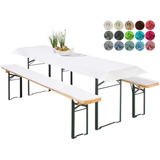 heimtexland ® Bierzeltgarnitur Auflagen Set 3-teilig Tischdecke Bierbank Polster Sitzkissen Tischdeko Typ698 Weiß für Tischmaß 50x220 cm - Weiß