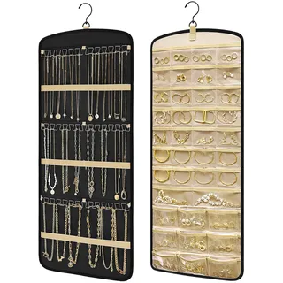 Kisvic Schmuck Organizer Hängend, Schmuckaufbewahrung Doppelseitige mit Metallhaken, Ketten Aufbewahrung zum Aufhängen für Ohrringe Halsketten Ringe an Schrank, Wand, Tür