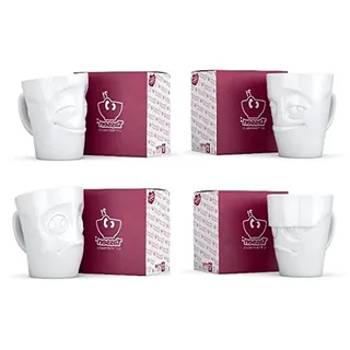 4er Set Henkelbecher | grummelig | verschmitzt | vergnügt | verdutzt | weiß | ca. 350 ml