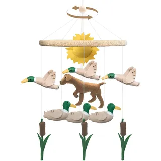 Mobile Baby, 3D Dackel Hund Mobile Babybett Holz mit Filz Schilf Ente und Sonne Handgemachtes Bettglocke für Babybett Mobilebaby Neugeborenen Geschenk für Jungen und Mädchen, ⌀ 23cm, Länge 55cm