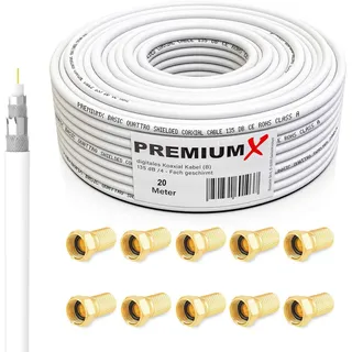 Premium X 20m Basic Koaxialkabel 135dB 4-Fach SAT Antennenkabel Koax-Kabel DVB-S / S2 DVB-C und DVB-T BK Anlagen 10x F-Stecker