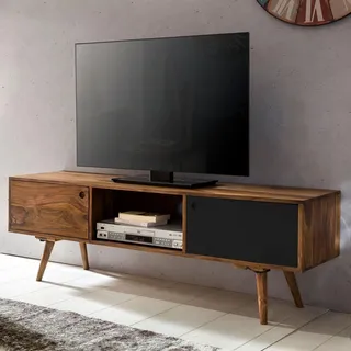 FineBuy TV Lowboard REPA 140 cm Massiv-Holz Sheesham Landhaus 2 Türen & Fach HiFi Regal 4 Füße Fernseher Kommode Vintage - Schwarz