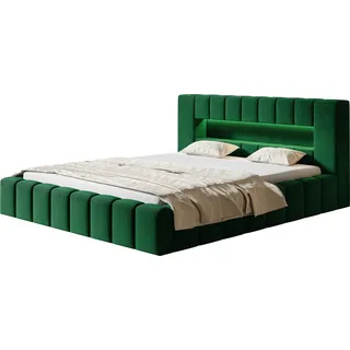 Polsterbett AMBER mit LED Beleuchtung Doppelbett 160 x 200 cm mit Lattenrahmen und Bettkasten, Farbe: Grün - Grün
