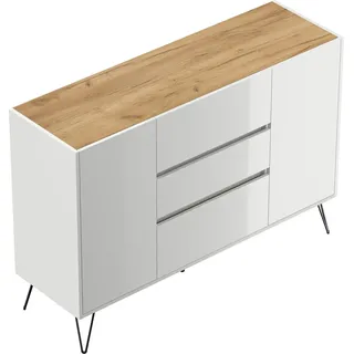 Posseik Sideboard Industrial N 3 Schubladen 2 Türen 140 cm Weiß Eiche Top
