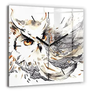 Wallfluent Große Wanduhr – Stilles Quarzuhrwerk - Uhr Dekoration Wohnzimmer Schlafzimmer Küche - Zifferblatt mit Striche - schwarze Zeiger - 60x60 cm - Eule Symbol der Weisheit - Braun