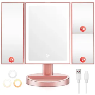 Auxmir Schminkspiegel mit Beleuchtung, 10X/5X/1X Kosmetikspiegel Vergrößerungsspiegel mit Licht & 3 Lichtfarben, Faltbar Spiegel mit Beleuchtung und Dimmbar LED Licht, USB Wiederaufladbar, Rosagold