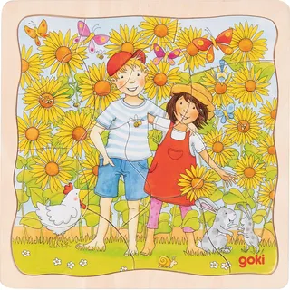 GoKi 57324 - Schichtenpuzzle Sonnenblumenfeld, 3 Schichten mit Motiven der Pflanzphasen auf einem Feld, fördert Motorik und Problemlösungsfähigkeit der Kinder, 20cm x 20cm, 35er Set, ab 3 Jahre