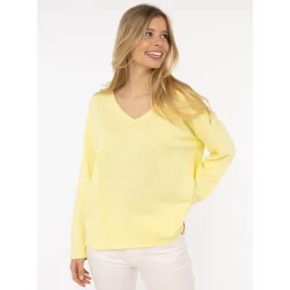 Zwillingsherz Sweatshirt »"Positive Mind"«, ausgefranster V-Ausschnitt, Used Look, Langarm, Schriftzug, gelb
