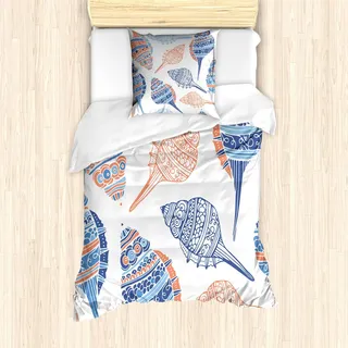 ABAKUHAUS Muschel Bettbezug Set, Maritime Sealife Sea Creatures Bunte Muscheln in Strand-Gekritzel, 135 x 200 cm + 80 x 80 cm, Blau Weiß blasse Orange