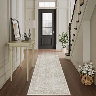 HUGEAR Vintage Hellbraun Waschbarer Teppich 60x180cm LäUfer Flur rutschfest Weich Vorzimmer Tepich Kurzflor Schlafzimmer Retroteppiche KüChe Bedroom Brücken Hallway Carpet