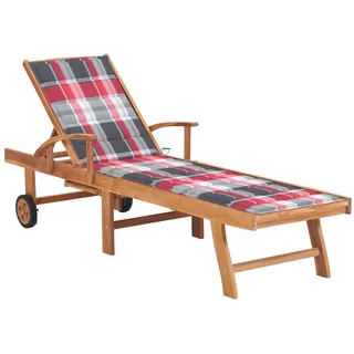 vidaXL Sonnenliege mit Auflage Rotes Karomuster Massivholz Teak - Braun