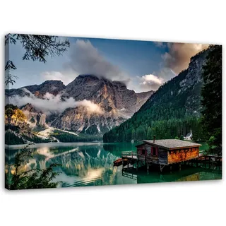 Feeby Bilder Wald Berge Alpen 120x80 cm XXL 1 Teilig Wohnzimmer Schlafzimmer Büro Flur Wandbilder Bild auf Leinwand Leinwandbilder Kunstdruck Wanddeko Modern Design Hütte Dolomiten Blau