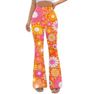 EVELUST 70er Jahre Blumenmuster Schlaghose - Damen Hippie Bunte Hosen Retro Disco Party Leggings Festival Rave Outfit Karneval Abba Kostüm 70s Faschingshose(DaisyOrange,XS,10502w)