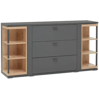 Hom`in Sideboard , Grau, Eiche Artisan , Metall , 4 Fächer , 3 Schublade(n) Schubladen , 160x83.8x40.4 cm , Holzmöbel, Wohnwände Holz, Wohnwand Serien Holz