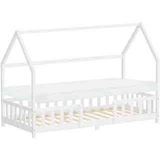 ML-Design Kinderbett 90x200cm mit Matratze H:10 Rausfallschutz Dach & Lattenrost Weiß Montessori Bodenbett Kiefernholz Hausbett für Mädchen & Jungen - Weiß