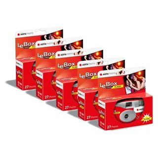 AgfaPhoto AGFA Photo 601020 LeBox Flash, Einwegkamera, 27 Fotos, optisches Objektiv 31 mm, Grau und Rot, 5er