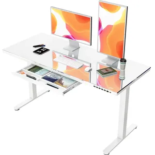 JUMMICO Glas Höhenverstellbarer Schreibtisch, Elektrischer Schreibtisch mit Schublade, 140x70 cm Steh-Sitz-Schreibtisch, Standing Desk für Homeoffice, Weiß