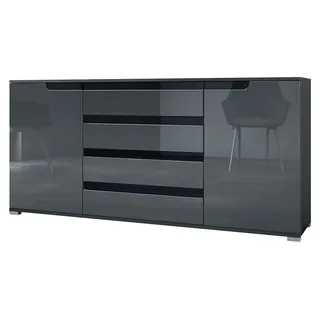 Sideboard Sylt V2, Kommode mit 2 Türen und 4 Schubladen, Korpus - Anthrazit matt/Front - Grau Hochglanz/Absetzung - Schwarz Hochglanz (166,5 x 75,5 x 35 cm) - Grau, Schwarz