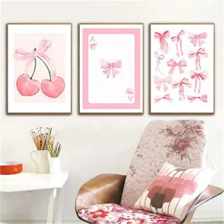 3er Rosa Aura Poster Set, Rosa Aesthetic Bilder Schlafzimmer Teenager Mädchen, Modern Premium Stilvolles Aquarell Schleife Kirsche Bilder Wanddeko Wandbilder Wohnzimmer (#03, 21x30 cm, Ungerahmt)