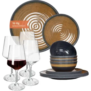 Melamin Camping Geschirr Set 4 Personen Stone Curry + 4 Milano Rotwein Gläser Rot Weingläser Tafelgeschirr Picknick BBQ Kochgeschirr - Rot