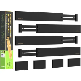 ANTOWIN Schubladentrenner Verstellbar Bambus (43-56 cm), Schubladen Organizer, Gefedert, Küche, Kommode, Badezimmer, Schlafzimmer, Babyschublade, Schreibtisch Ordnungssystem (Schwarz)